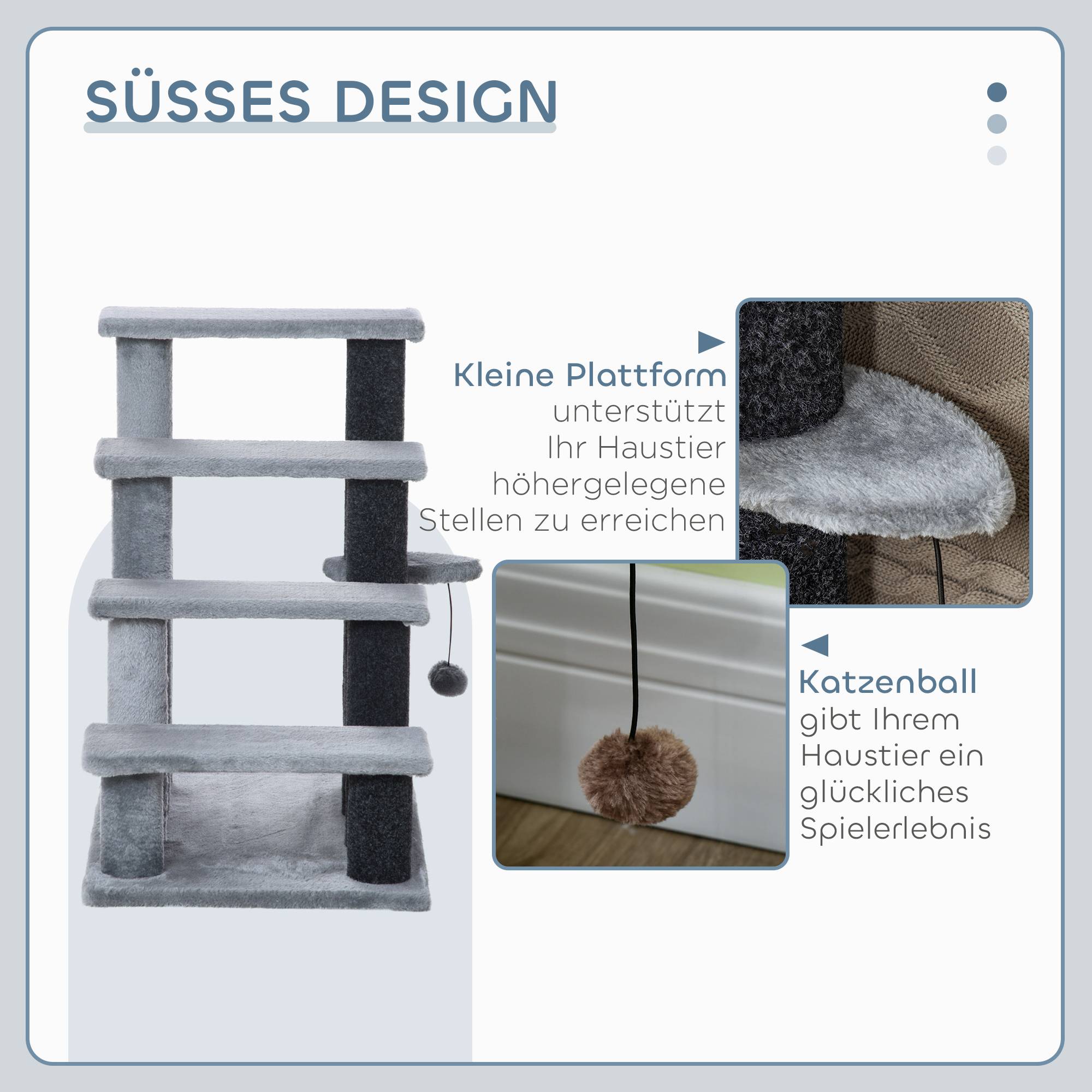 Escalier chat 4 marches, griffoirs, balle, escalier chien, peluche jute, gris, 60x40x64cm - Image 7