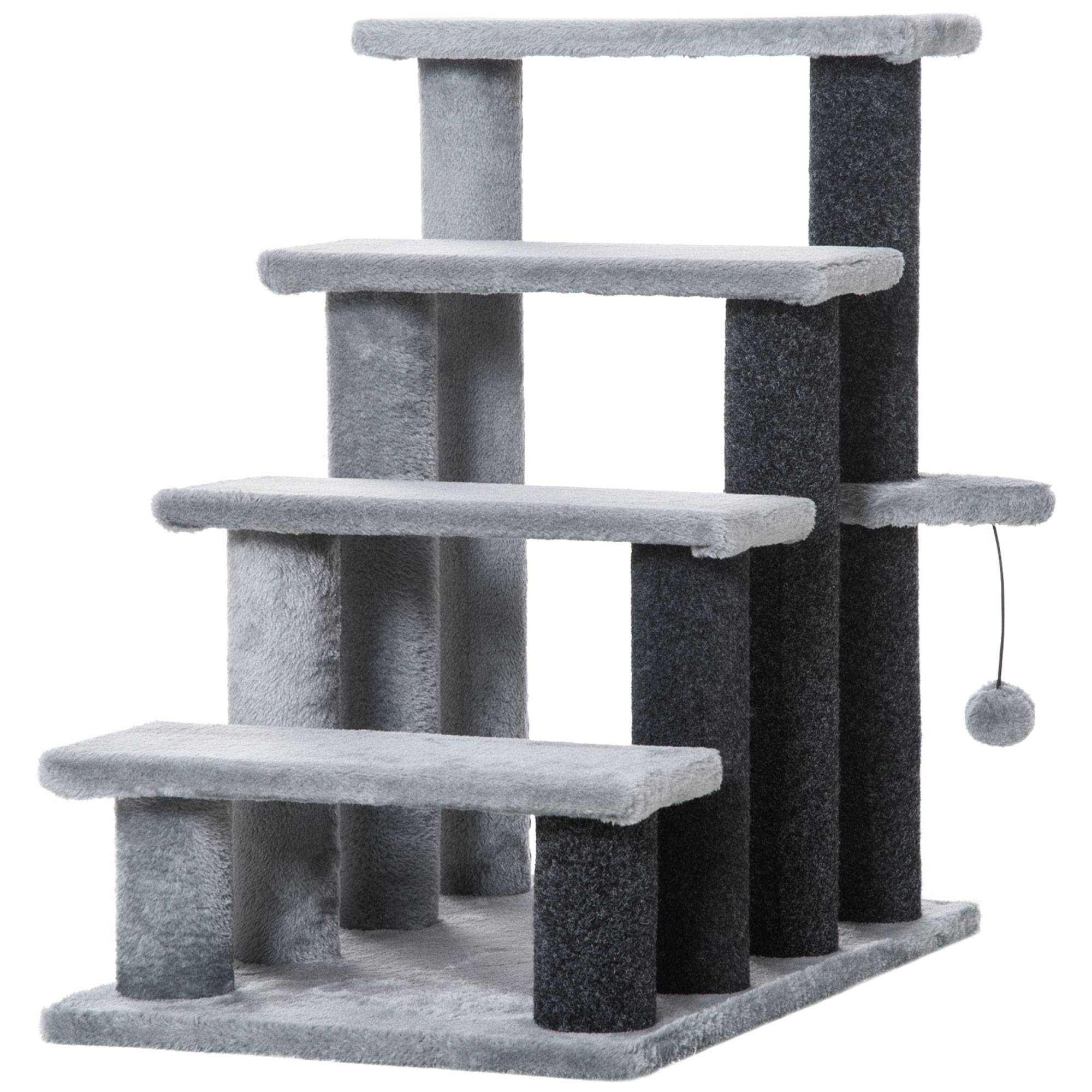 Escalier chat 4 marches, griffoirs, balle, escalier chien, peluche jute, gris, 60x40x64cm - Image 1