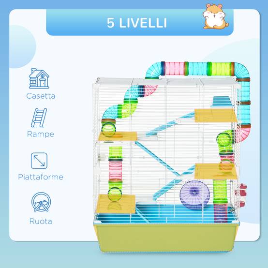 Cage hamster 5 niveaux en acier pour petits rongeurs avec tubes et accessoires 59x36x69cm bleu - ComfortXL Outdoor Living - Image 7