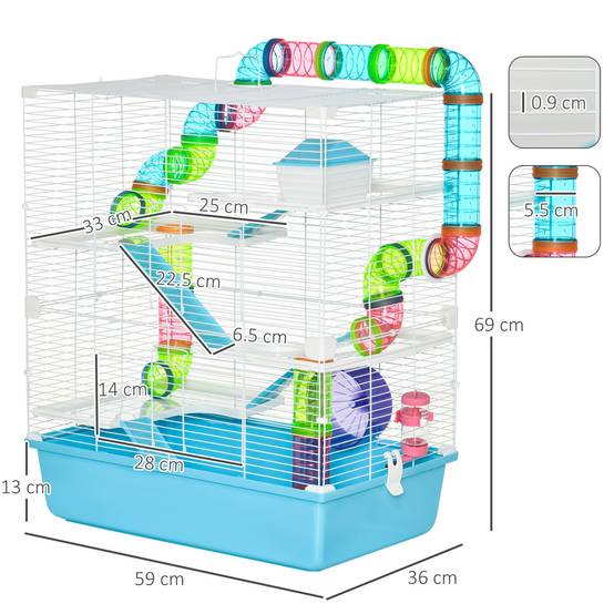 Cage hamster 5 niveaux en acier pour petits rongeurs avec tubes et accessoires 59x36x69cm bleu - ComfortXL Outdoor Living - Image 5
