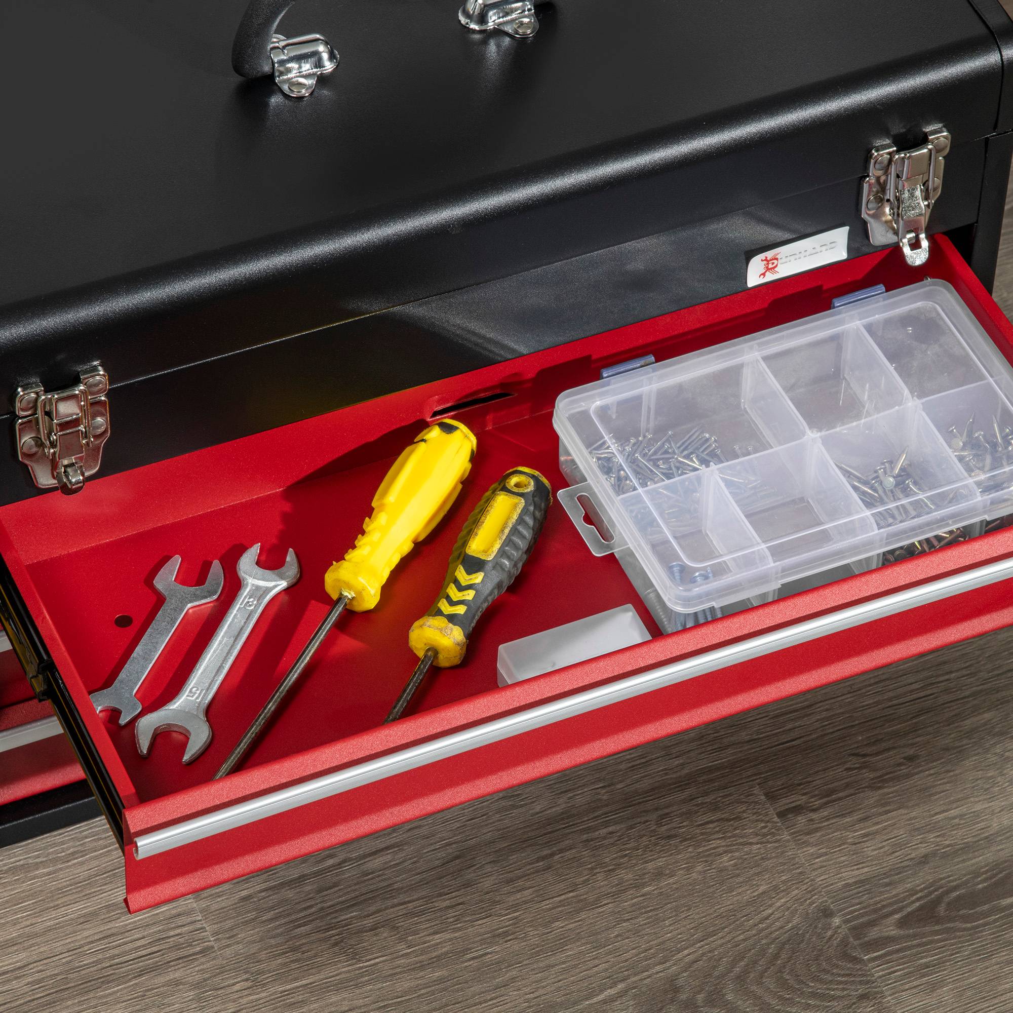 Sans Marque - Mallette à outils, boîte à outils, 3 tiroirs, verrouillable, boîtier en acier, noir+rouge, 51 x 22 x 32 cm - Image 9