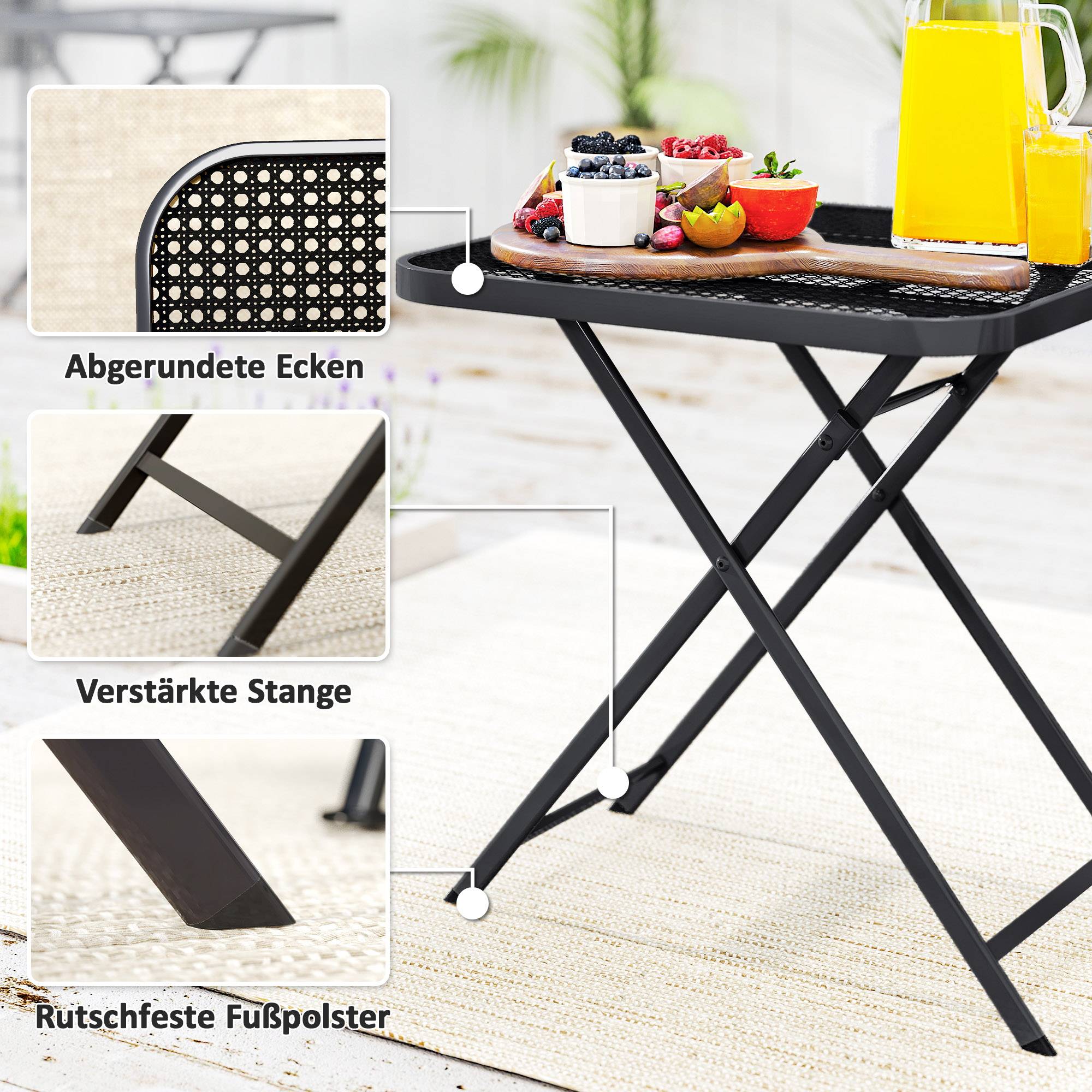 Table de jardin pliante 70 x 70 cm, table de balcon résistante aux intempéries, table pliante carrée avec découpes, noire - Image 7