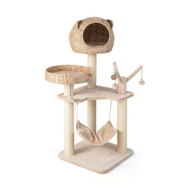 Helloshop26 - Arbre à chat 121 cm à 5 niveaux avec boules et hamac suspendues centre d'activités pour chats avec niche et poteaux en sisal - Imagen 1