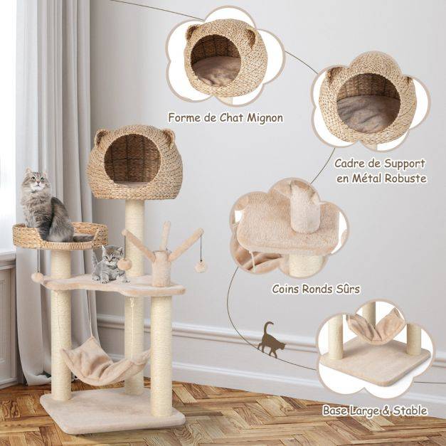 Helloshop26 - Arbre à chat 121 cm à 5 niveaux avec boules et hamac suspendues centre d'activités pour chats avec niche et poteaux en sisal - Imagen 3