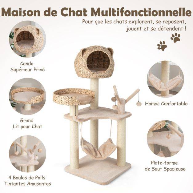 Helloshop26 - Arbre à chat 121 cm à 5 niveaux avec boules et hamac suspendues centre d'activités pour chats avec niche et poteaux en sisal - Imagen 4