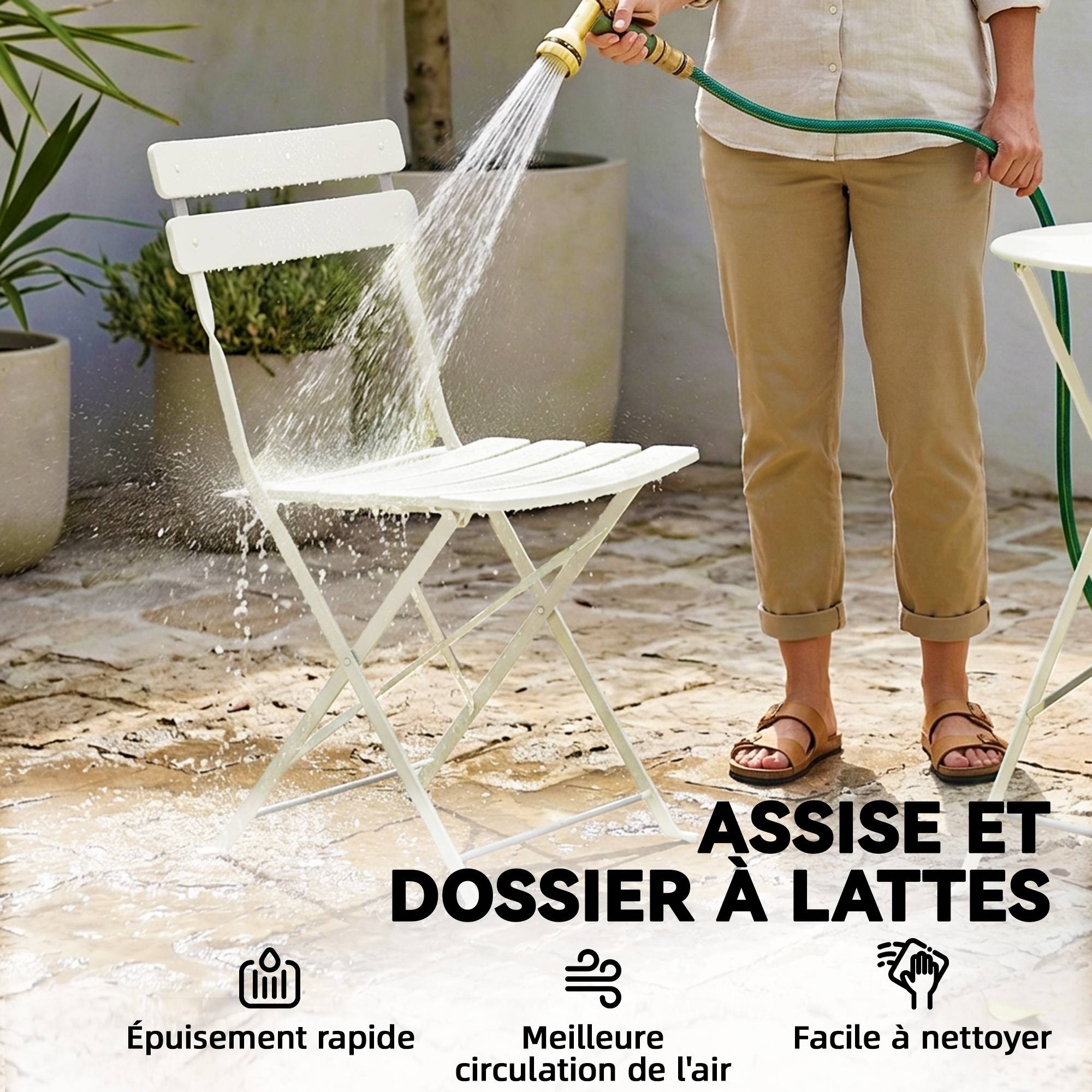 Ensemble Bistrot de Jardin 3 Pièces Table et 2 Chaises Pliantes à Lattes Double Protection Antirouille Crème - Image 9