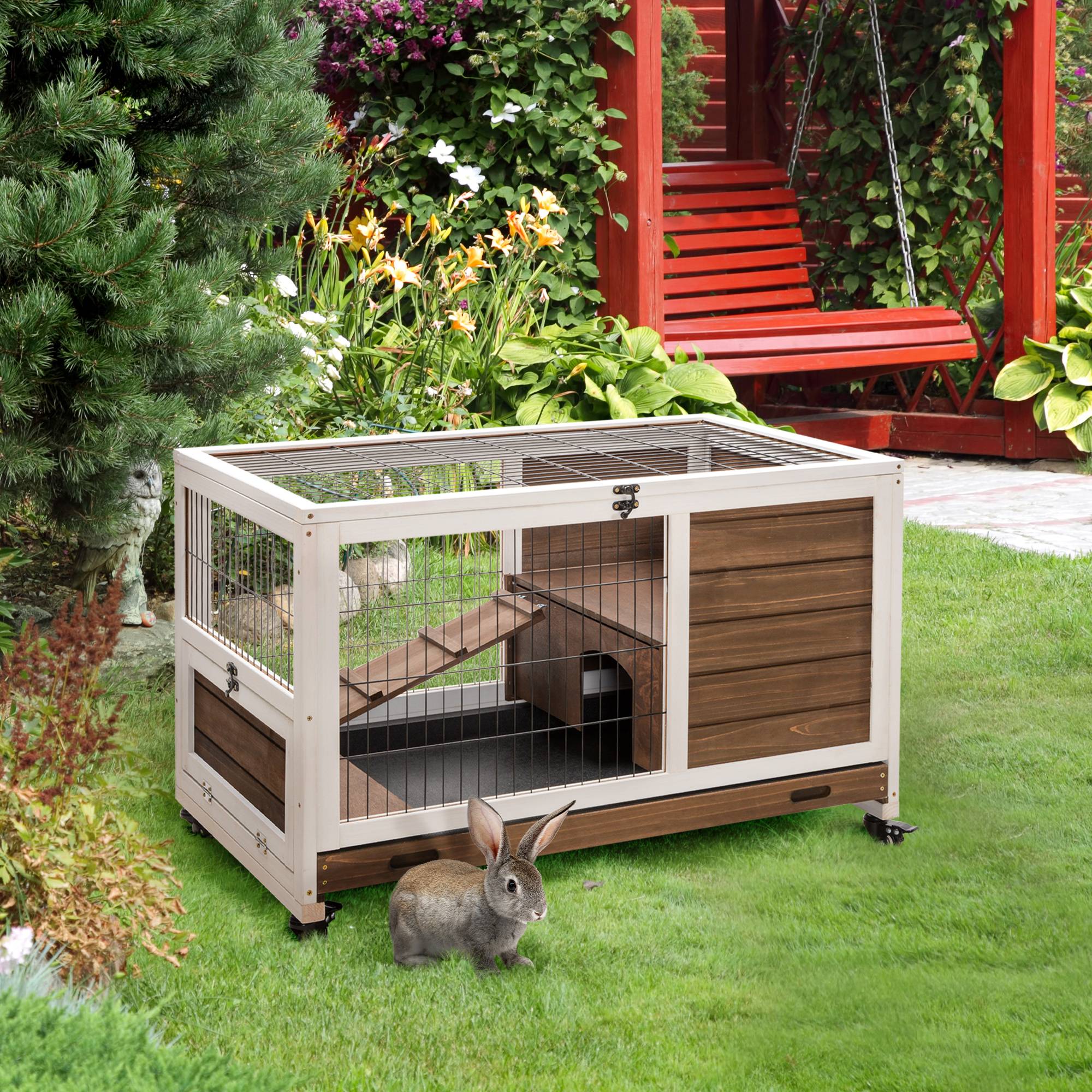 Clapier pour petits animaux avec toit ouvrant et bac amovible 90 x 53 x 59 cm Marron - Image 4