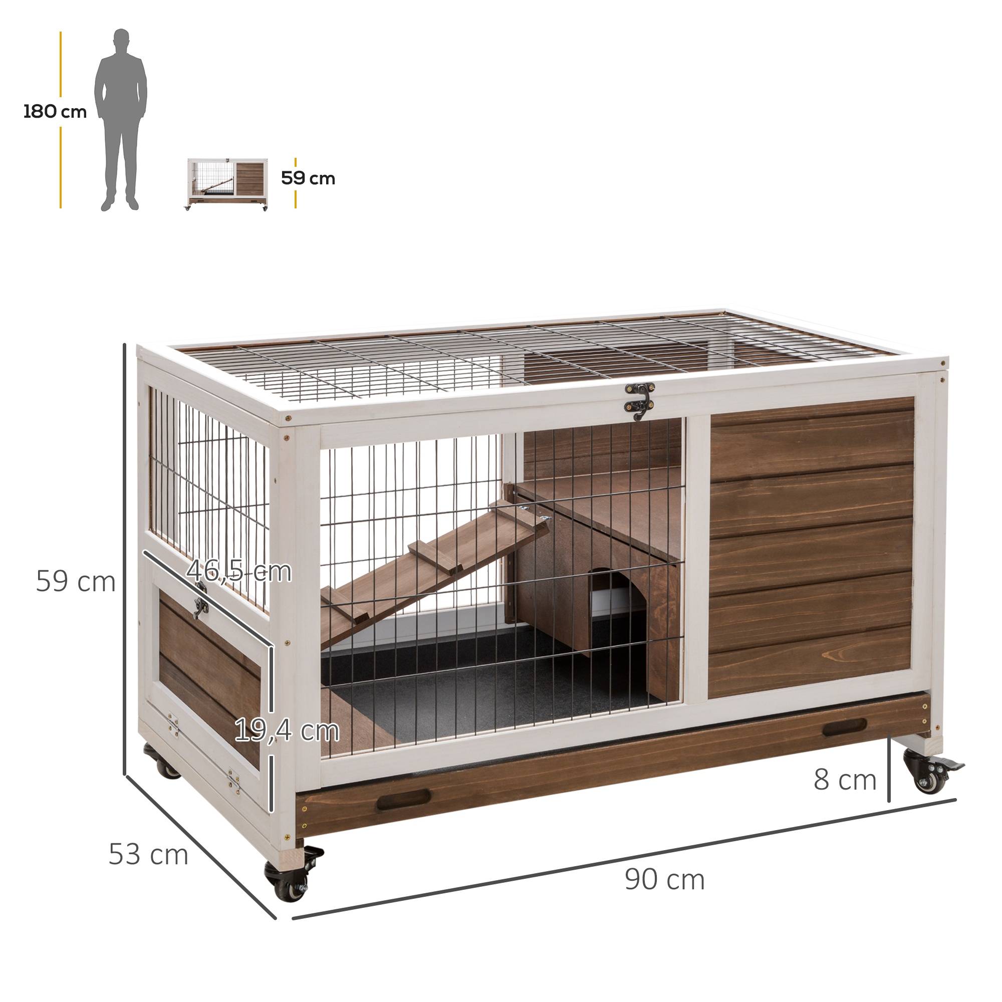 Clapier pour petits animaux avec toit ouvrant et bac amovible 90 x 53 x 59 cm Marron - Image 5