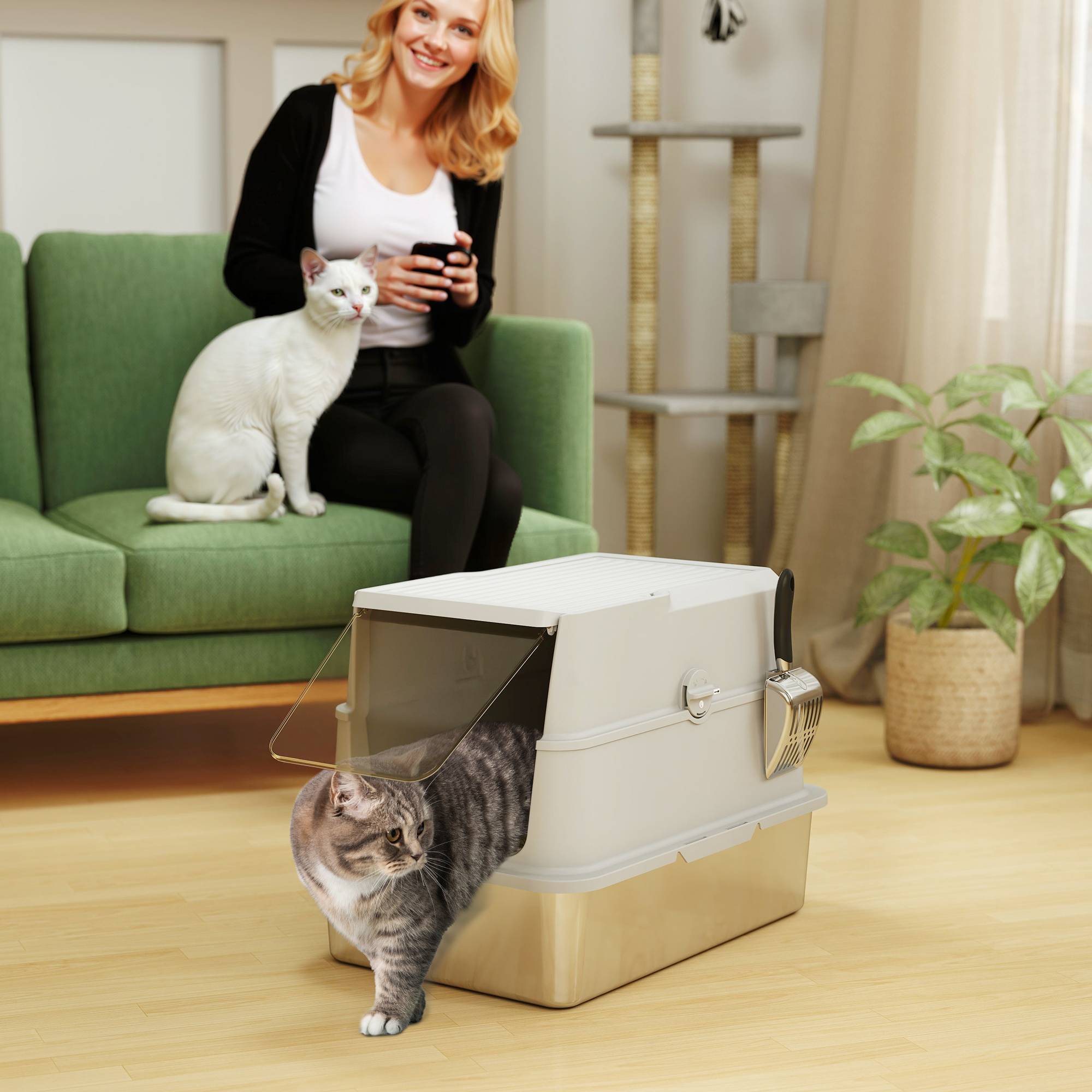 Maison de toilette acier plastique pour chat intérieur anti-odeurs 60cm gris clair - ComfortXL Outdoor Living - Image 4