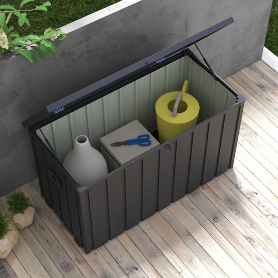Coffre de rangement 450L en acier pour terrasse avec roulettes Gris foncé 125x61x70cm - ComfortXL Outdoor Living - Image 10
