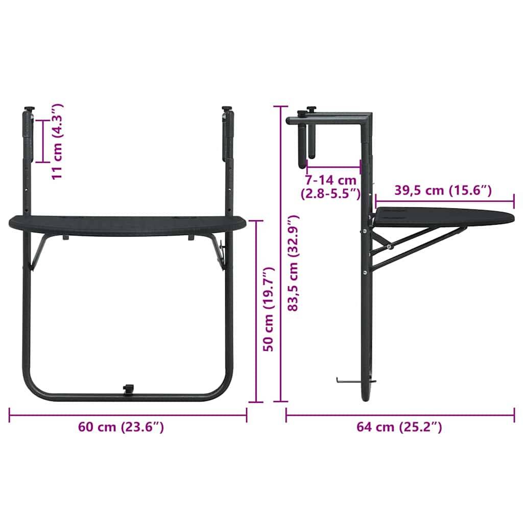 Vidaxl - Table de balcon Noir 60x64x83,5 cm Plastique Aspect de rotin vidaXL 47894 - Imagen 3