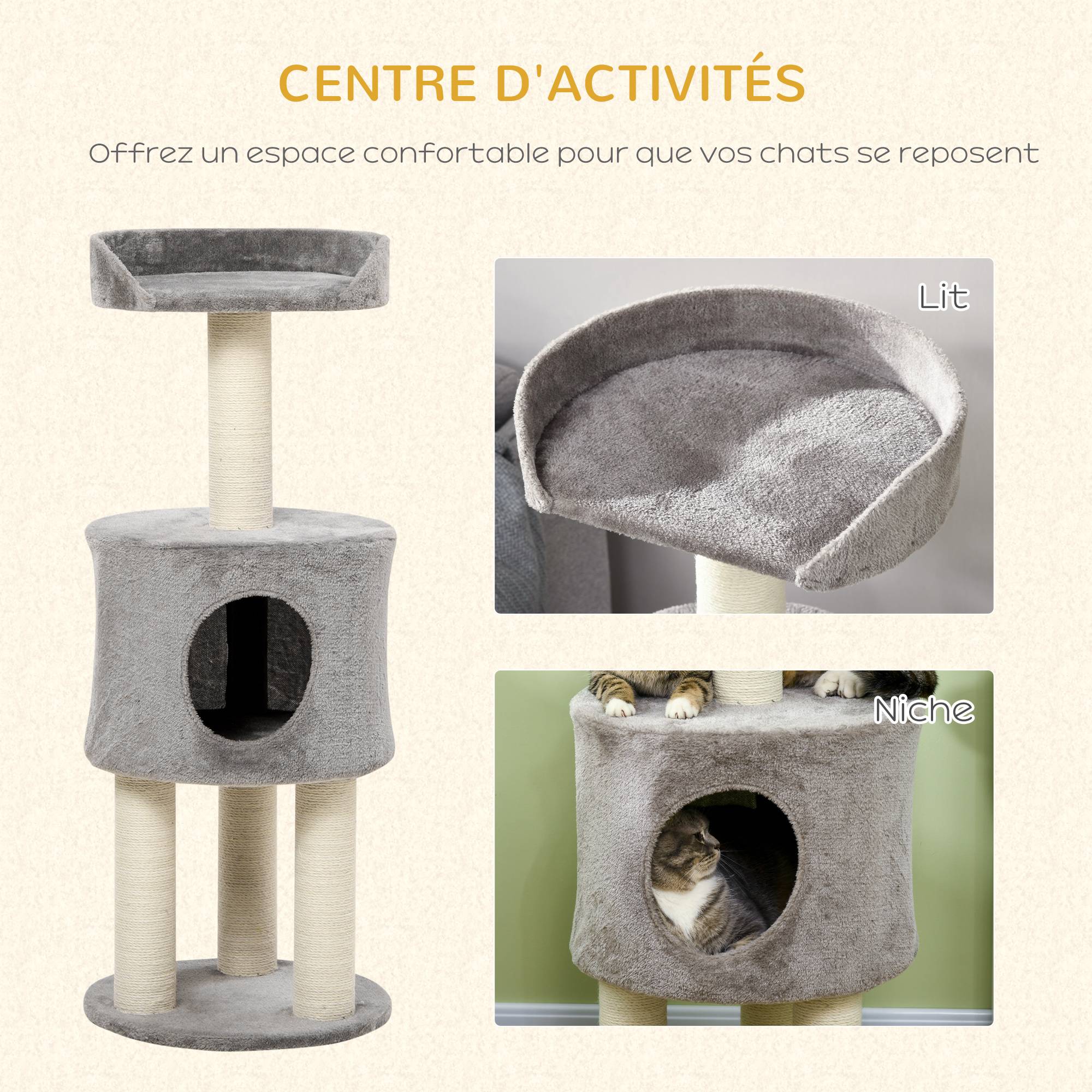 Pawhut - Arbre à chat griffoirs sisal naturel arbre à grimper H.103 cm niche plateforme d'observation peluche grise - Imagen 5