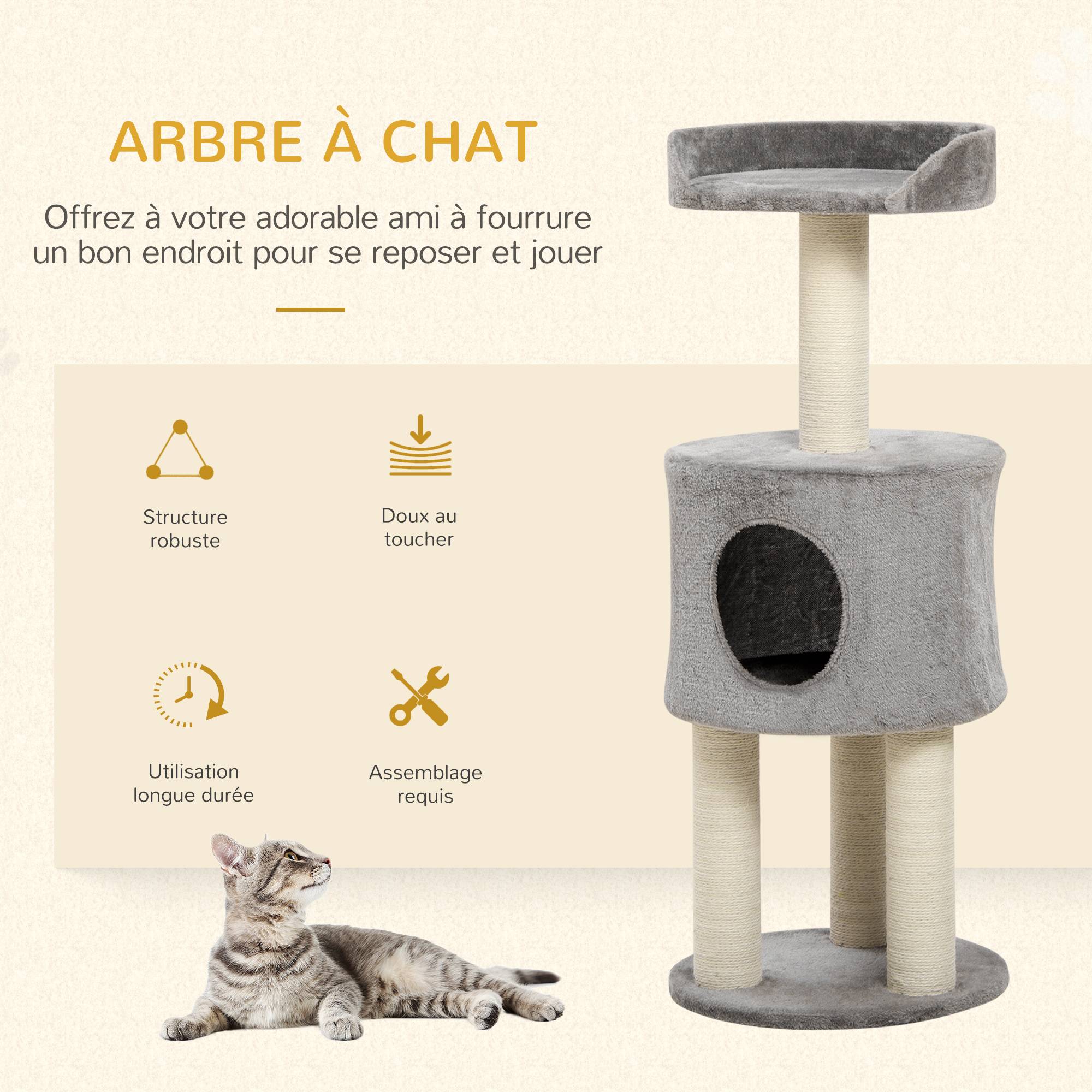 Pawhut - Arbre à chat griffoirs sisal naturel arbre à grimper H.103 cm niche plateforme d'observation peluche grise - Imagen 4