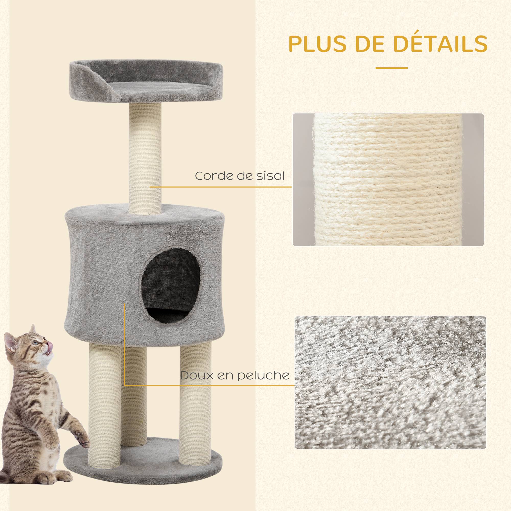 Pawhut - Arbre à chat griffoirs sisal naturel arbre à grimper H.103 cm niche plateforme d'observation peluche grise - Imagen 6