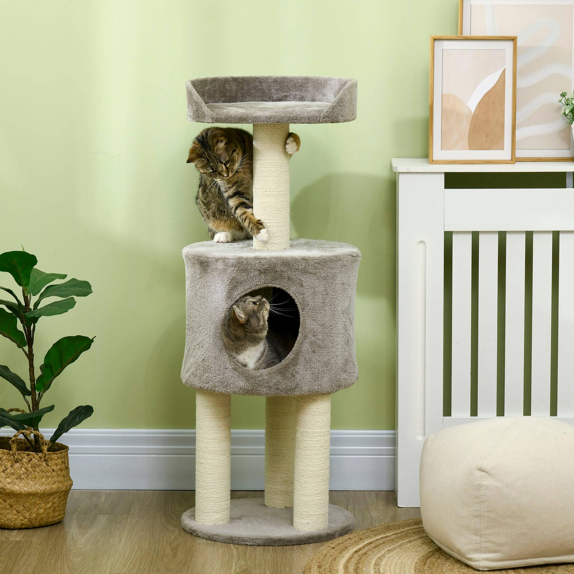 Pawhut - Arbre à chat griffoirs sisal naturel arbre à grimper H.103 cm niche plateforme d'observation peluche grise - Imagen 2