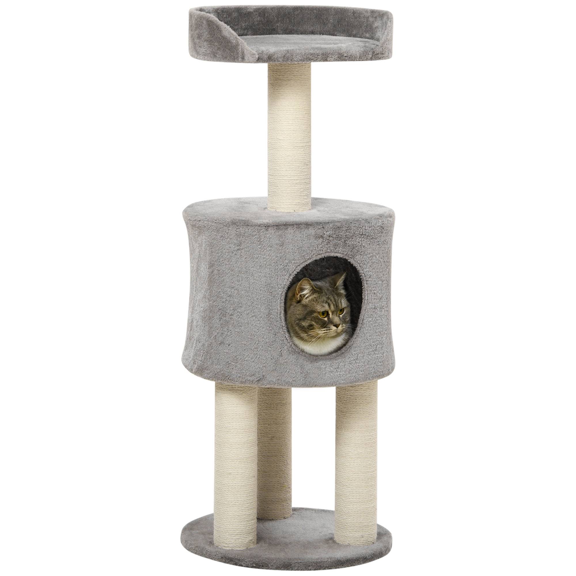 Pawhut - Arbre à chat griffoirs sisal naturel arbre à grimper H.103 cm niche plateforme d'observation peluche grise - Imagen 1
