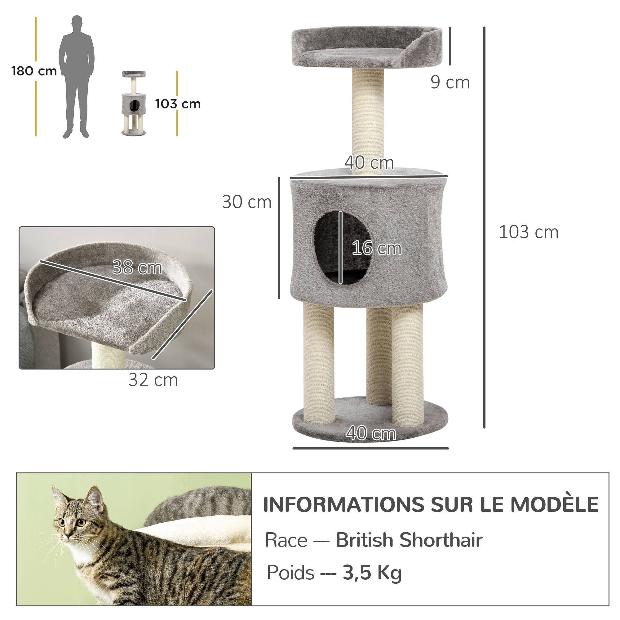Pawhut - Arbre à chat griffoirs sisal naturel arbre à grimper H.103 cm niche plateforme d'observation peluche grise - Imagen 3