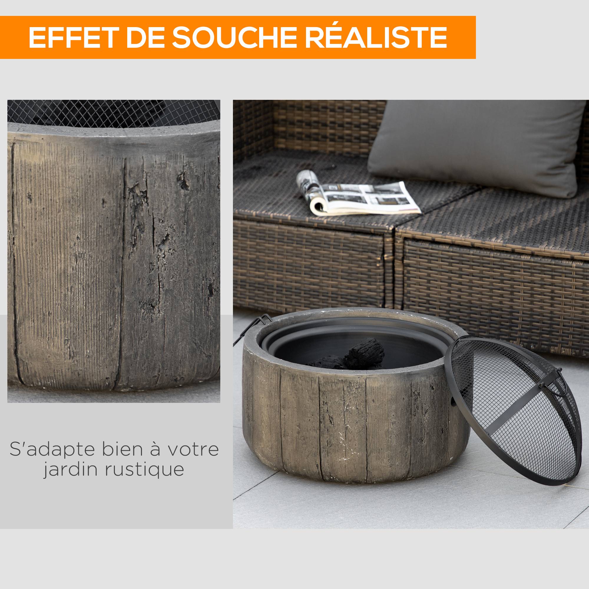 Outsunny - Brasero design cheminée foyer extérieur dim. Ø 45,5 x 34H cm grille couvercle tisonnier métal noir MGO aspect bois - Outsunny - Imagen 2
