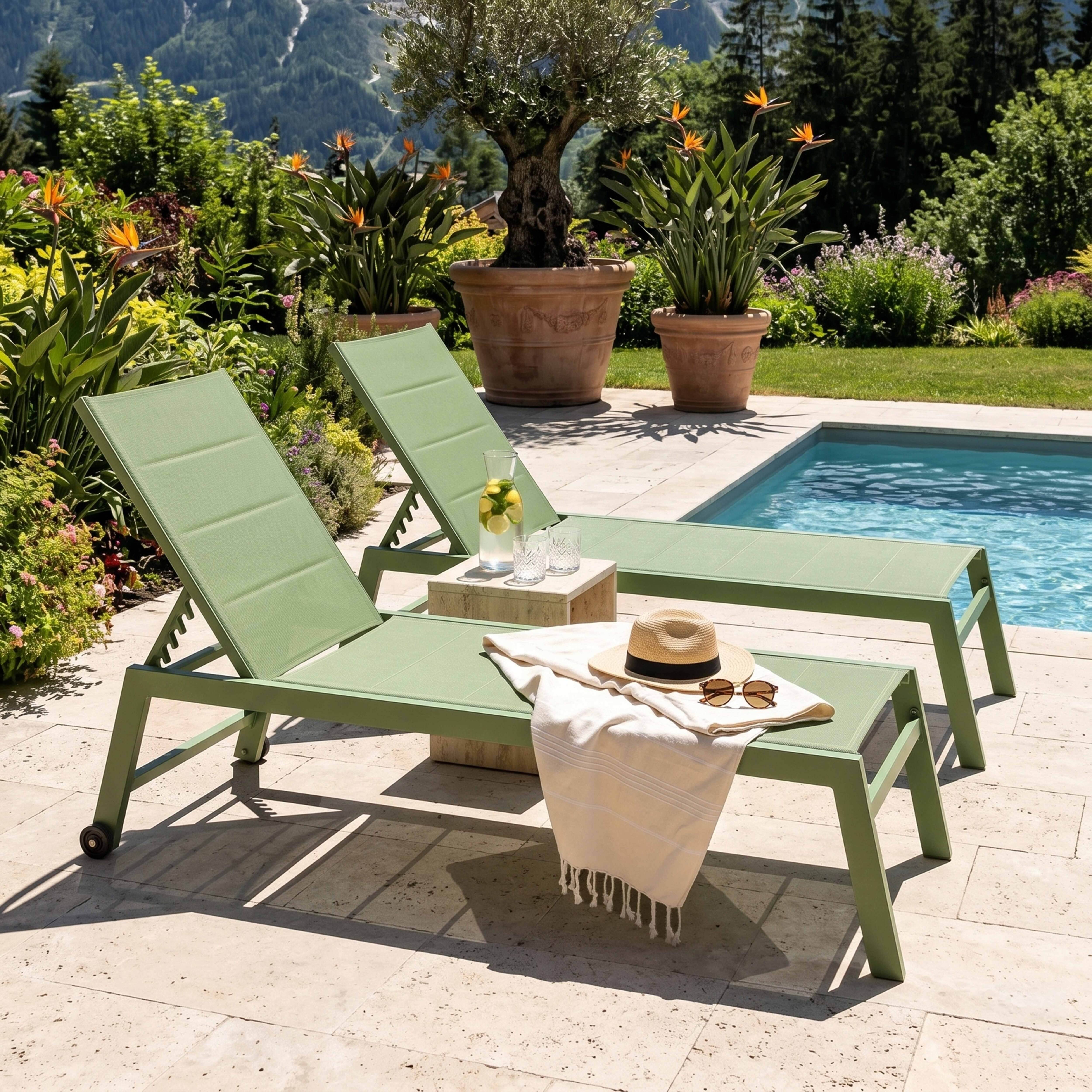 Oviala - Lot de 2 bains de soleil en aluminium et textilène vert cactus Nouméa - Oviala - Imagen 2