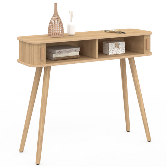 Console 2 portes coulissantes ROMIE lattes tasseau bois coloris chêne - Image 4