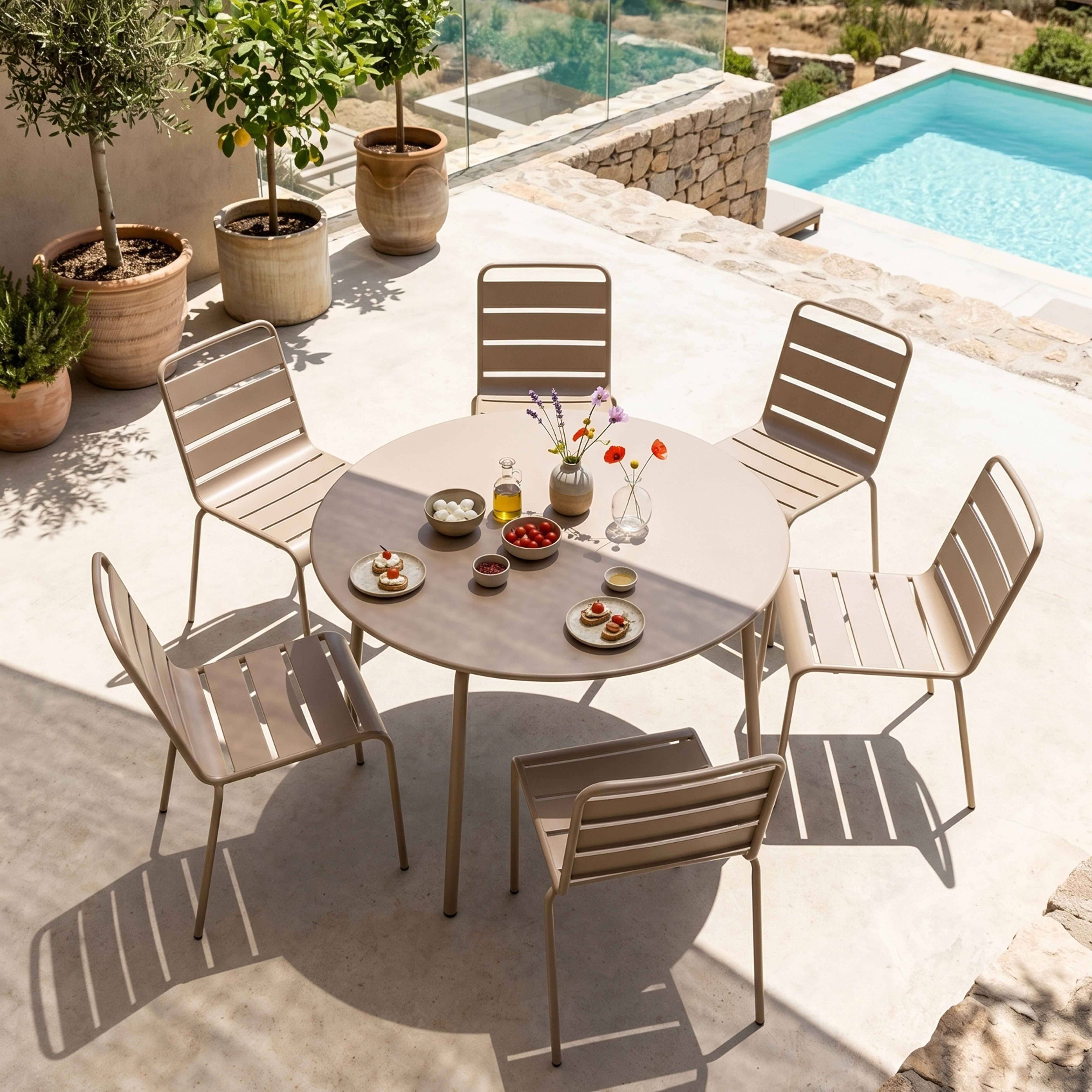 Oviala - Ensemble table de jardin ronde et 6 chaises en métal taupe Palavas - Oviala - Imagen 2