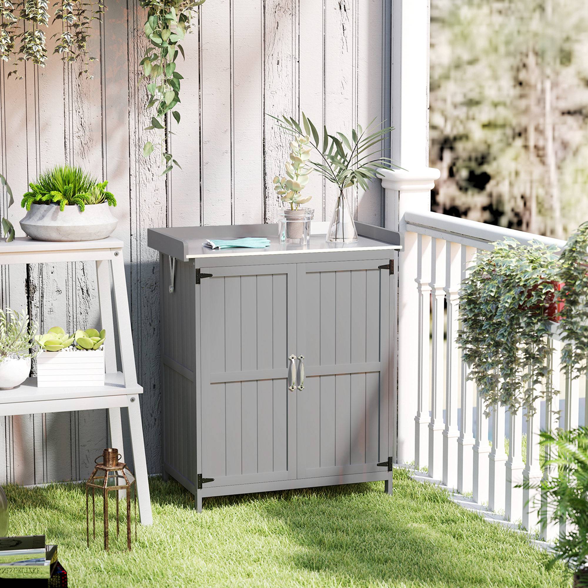 ComfortXL - Armoire de jardin sapin et inox 74 x 43 x 88 cm grise rangement outils avec plan de travail extérieur - Image 1