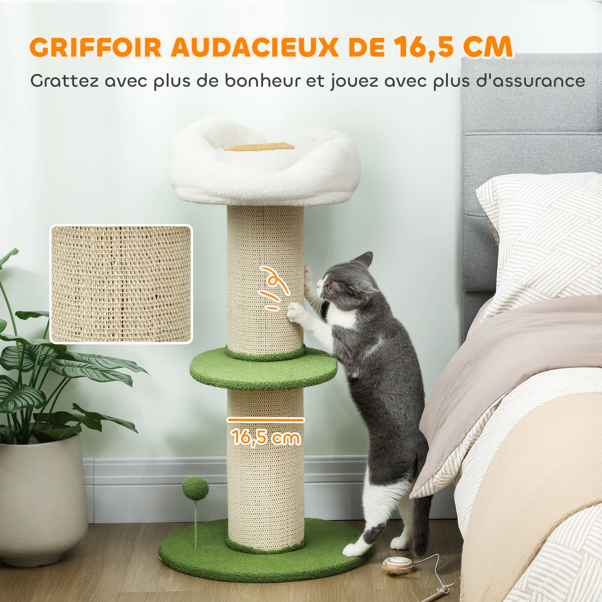 Arbre à chat bois, sisal et peluche vert 45 x 45 x 92 cm - PANGIVO - Image 6