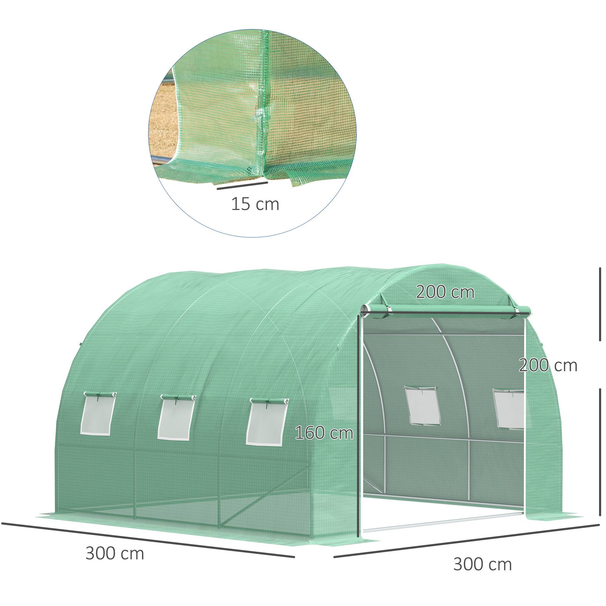 Sans Marque - Serre de jardin 9 m² serre tunnel de jardin 3 x 3 x 2 m avec porte enroulable et 6 fenêtres en maille en acier PE vert - Image 5