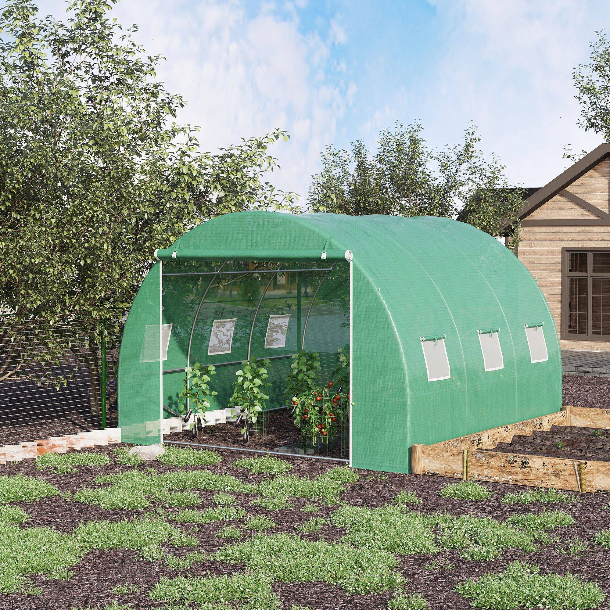 Sans Marque - Serre de jardin 9 m² serre tunnel de jardin 3 x 3 x 2 m avec porte enroulable et 6 fenêtres en maille en acier PE vert - Image 3