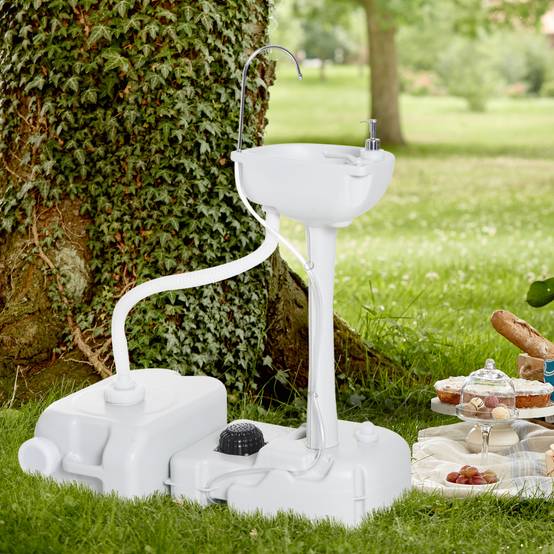 Lavabo Portable de Camping 17 L avec Réservoir d’Eau, Distributeur de Savon et 2 Roues, PEHD, 83 x 50 x 103 cm, Gris Clair - Image 2