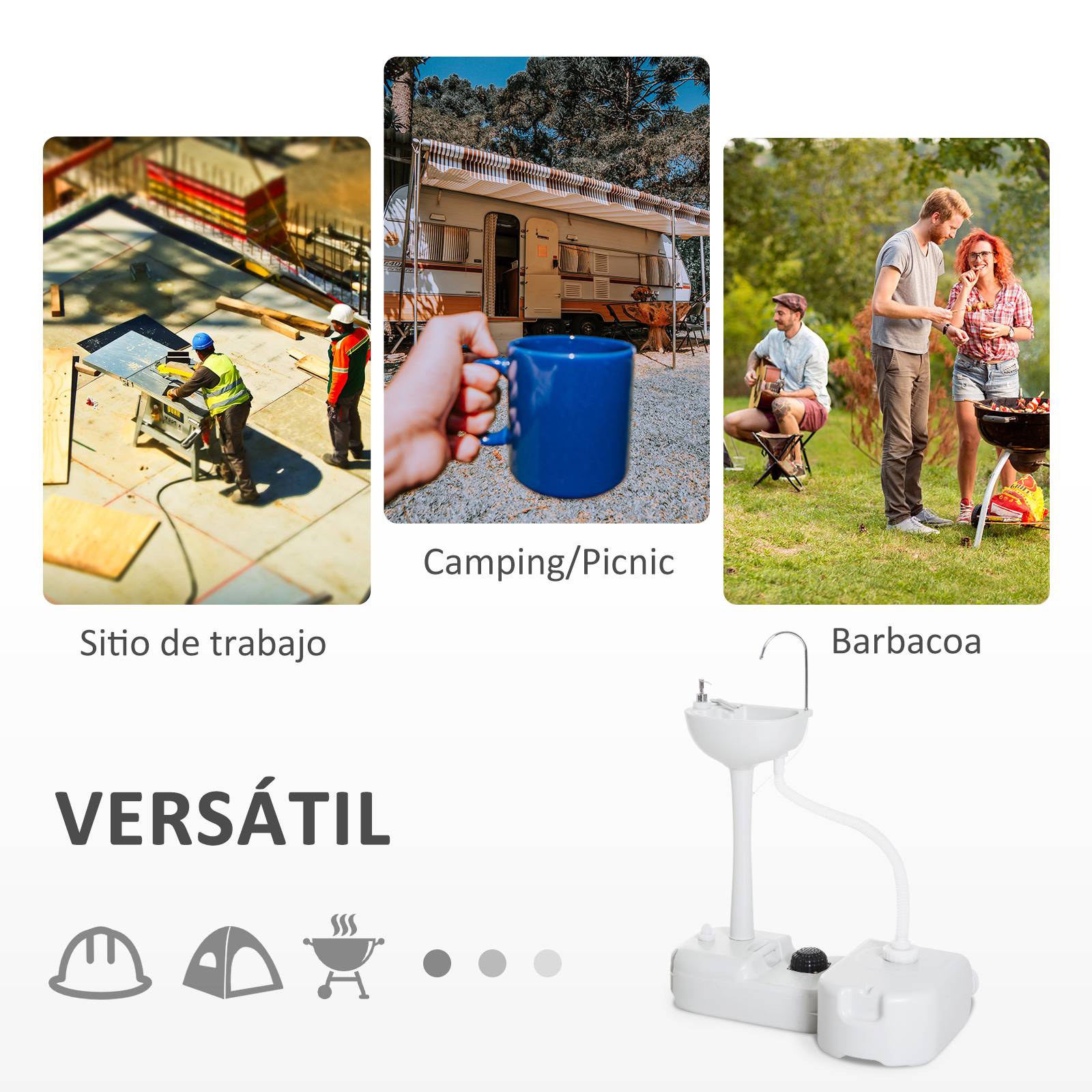 Lavabo Portable de Camping 17 L avec Réservoir d’Eau, Distributeur de Savon et 2 Roues, PEHD, 83 x 50 x 103 cm, Gris Clair - Image 9