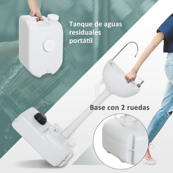 Lavabo Portable de Camping 17 L avec Réservoir d’Eau, Distributeur de Savon et 2 Roues, PEHD, 83 x 50 x 103 cm, Gris Clair - Image 8