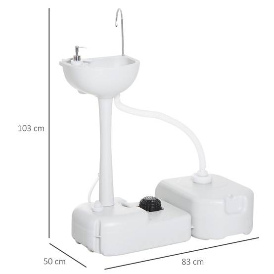 Lavabo Portable de Camping 17 L avec Réservoir d’Eau, Distributeur de Savon et 2 Roues, PEHD, 83 x 50 x 103 cm, Gris Clair - Image 4