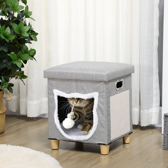 Niche chat 2en1 repose-pieds bois peluche griffoir coussin amovible 35x42cm gris - ComfortXL Outdoor Living - Image 4