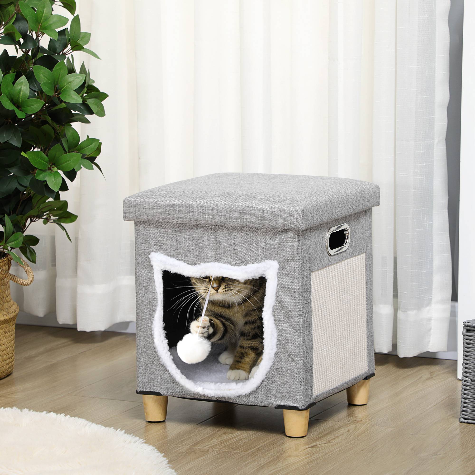 Niche chat 2en1 repose-pieds bois peluche griffoir coussin amovible 35x42cm gris - ComfortXL Outdoor Living - Image 4
