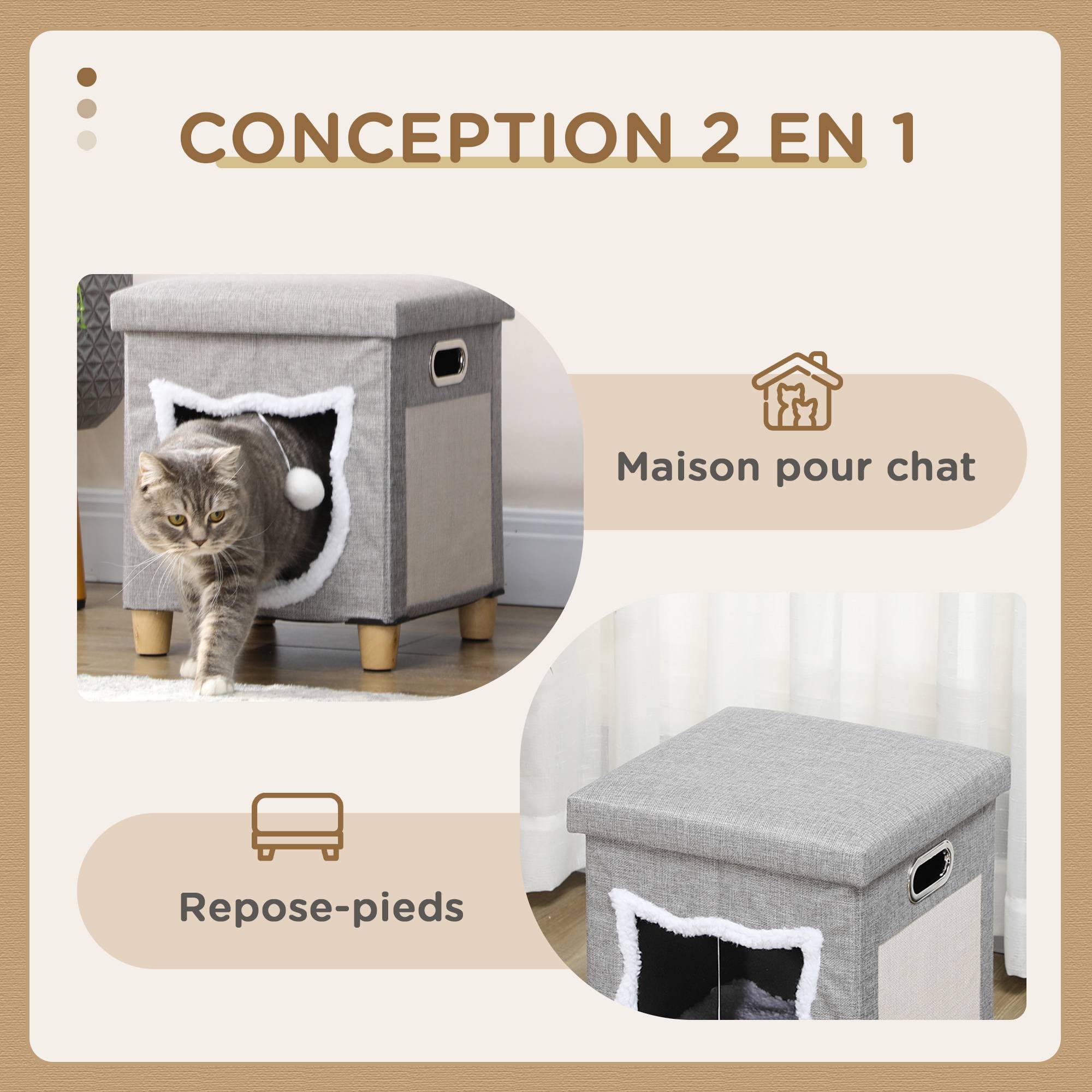 Niche chat 2en1 repose-pieds bois peluche griffoir coussin amovible 35x42cm gris - ComfortXL Outdoor Living - Image 6