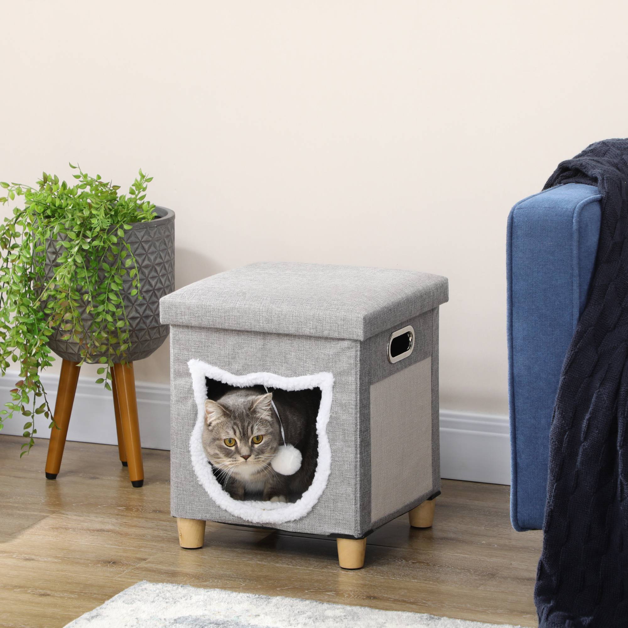 Niche chat 2en1 repose-pieds bois peluche griffoir coussin amovible 35x42cm gris - ComfortXL Outdoor Living - Image 3