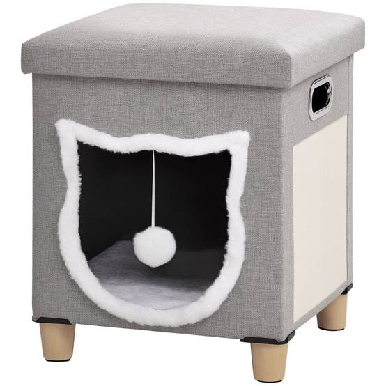 Niche chat 2en1 repose-pieds bois peluche griffoir coussin amovible 35x42cm gris - ComfortXL Outdoor Living - Image 1