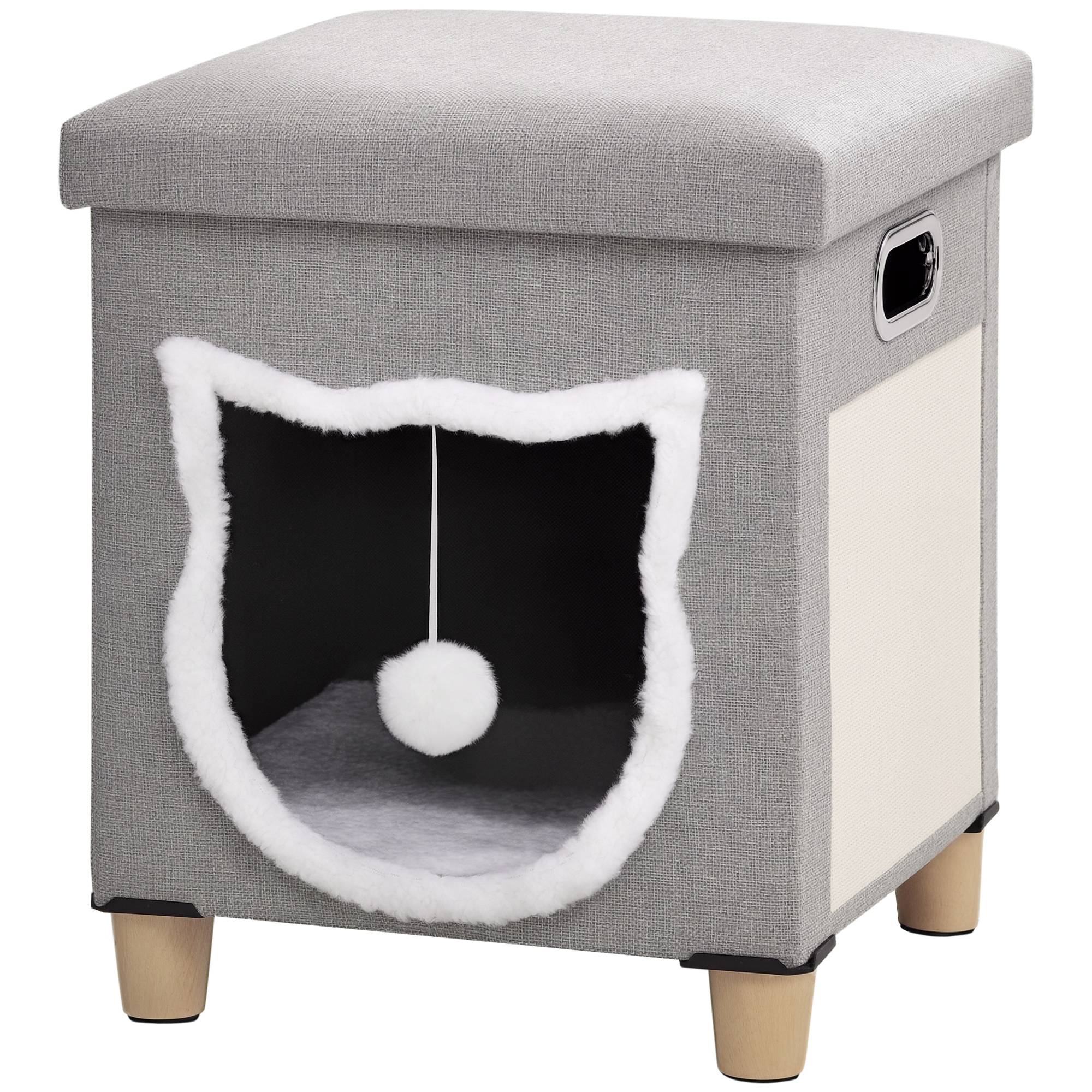 Niche chat 2en1 repose-pieds bois peluche griffoir coussin amovible 35x42cm gris - ComfortXL Outdoor Living - Image 1