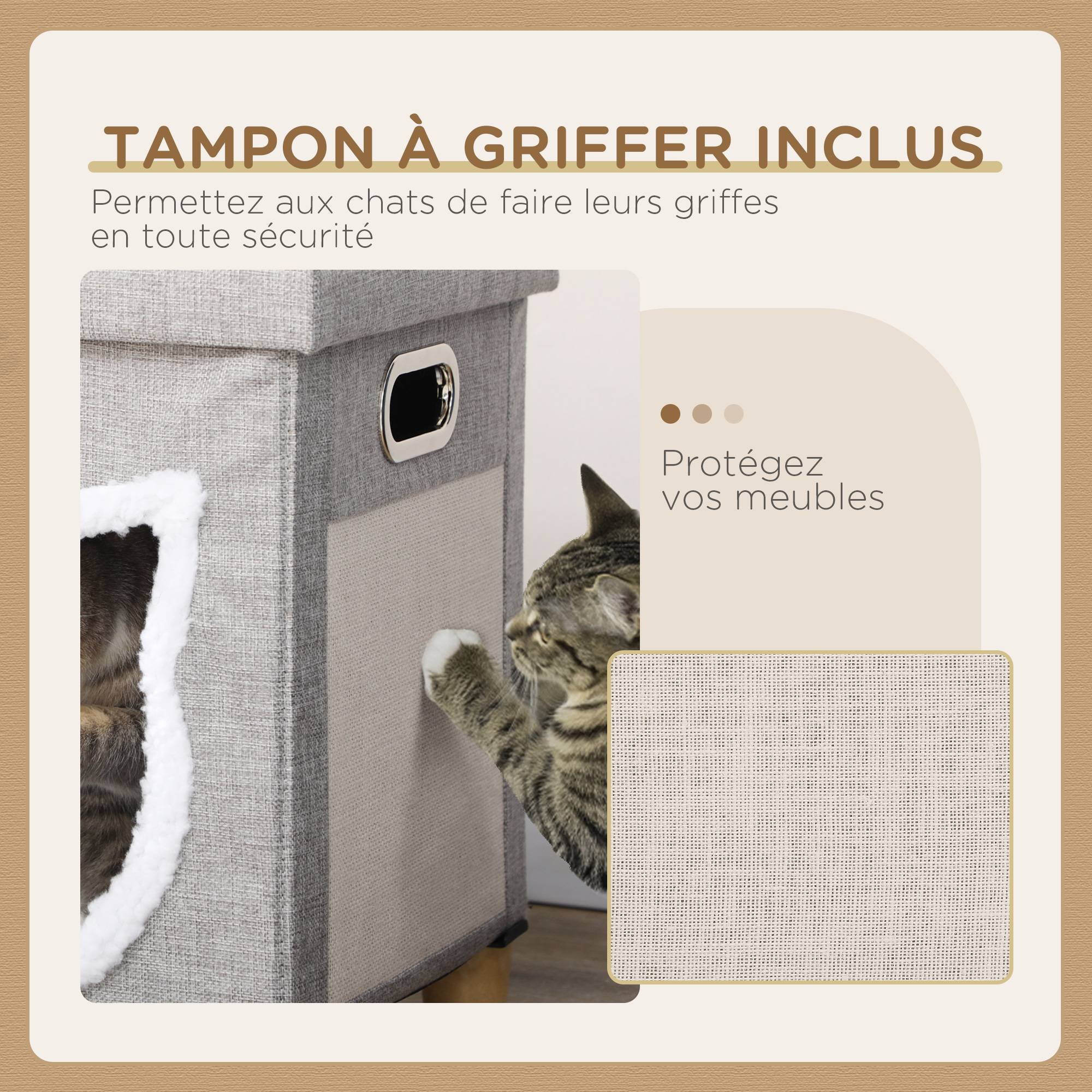 Niche chat 2en1 repose-pieds bois peluche griffoir coussin amovible 35x42cm gris - ComfortXL Outdoor Living - Image 7