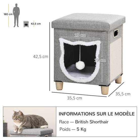 Niche chat 2en1 repose-pieds bois peluche griffoir coussin amovible 35x42cm gris - ComfortXL Outdoor Living - Image 5