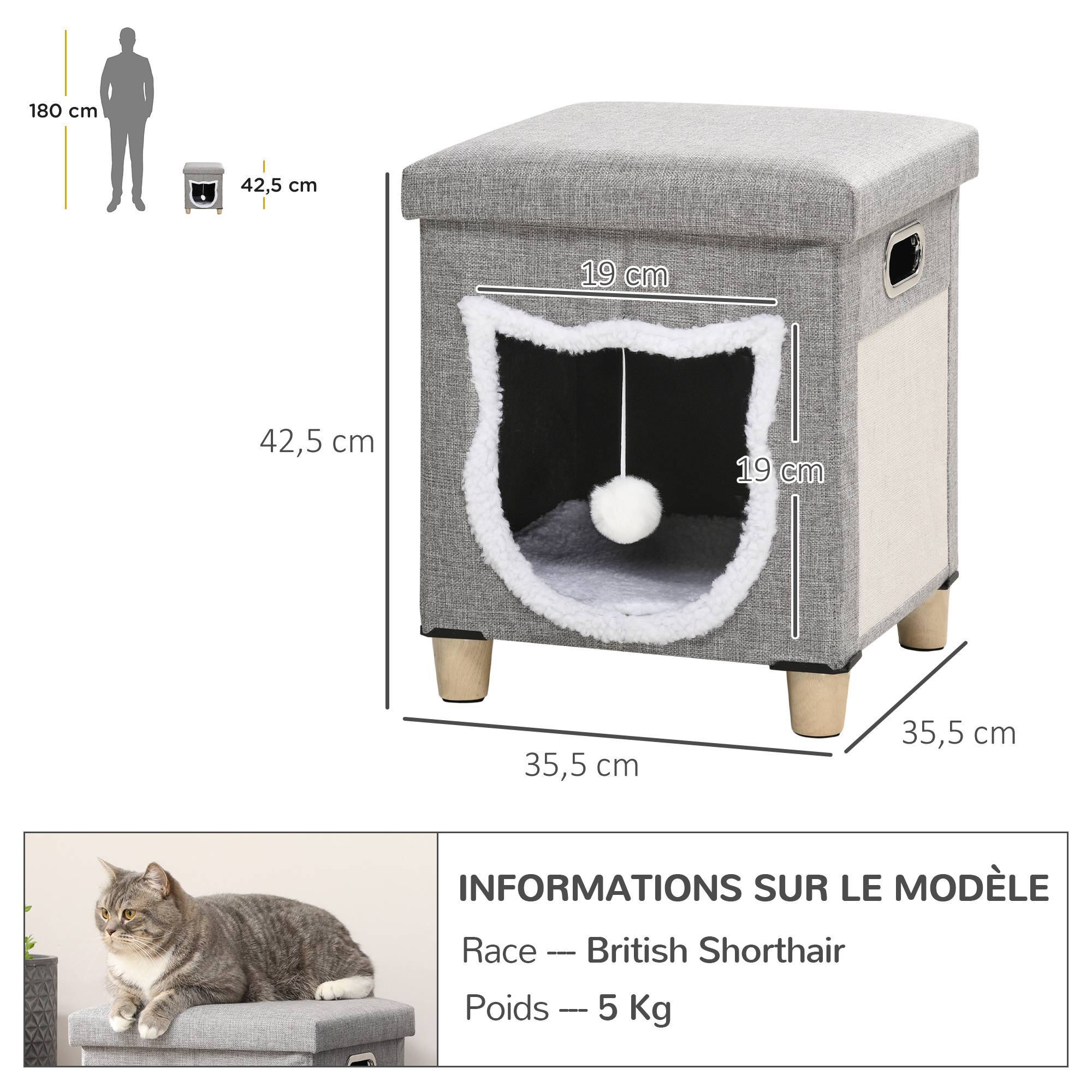 Niche chat 2en1 repose-pieds bois peluche griffoir coussin amovible 35x42cm gris - ComfortXL Outdoor Living - Image 5