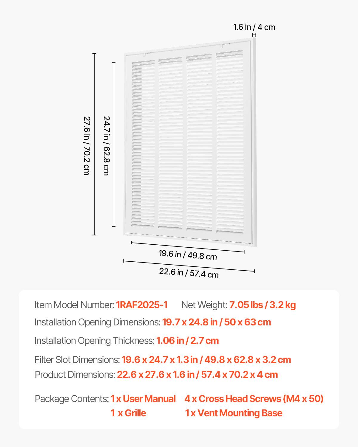 VEVOR Grille retour air 50x63cm, acier, ventilation, filtre non inclus. - Image 7