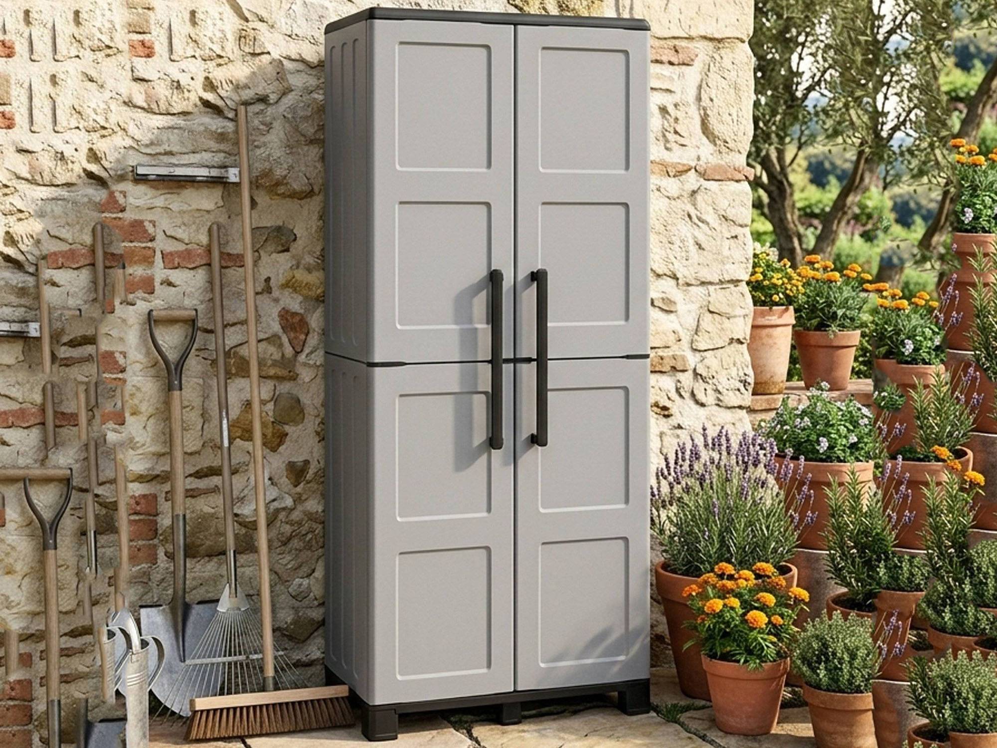 Dmora - Armoire d'extérieur Veurne, Armoire à balais, Armoire d'extérieur 2 portes, 68x37h169 cm, Gris clair et noir, Finition damier - Dmora - Imagen 6