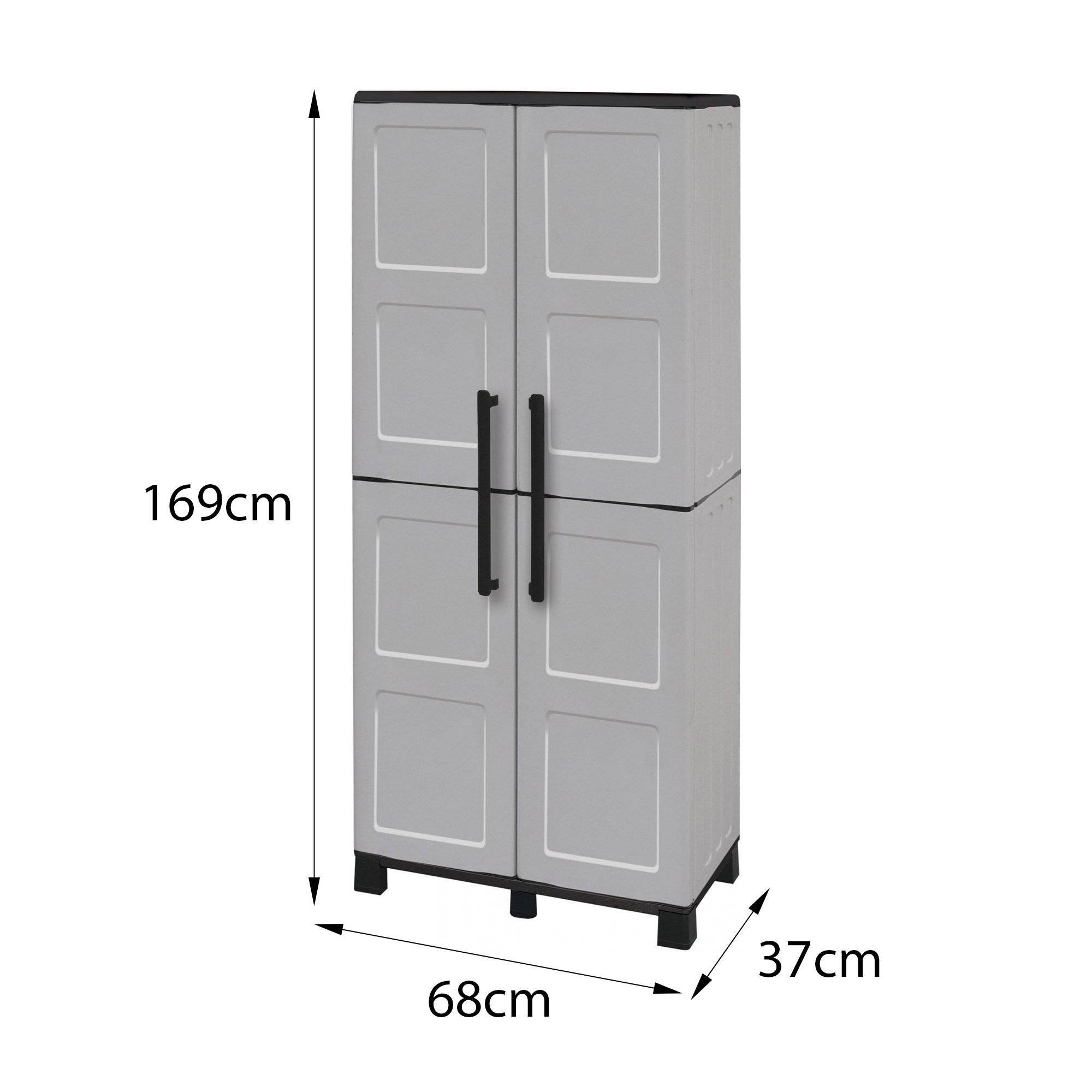Dmora - Armoire d'extérieur Veurne, Armoire à balais, Armoire d'extérieur 2 portes, 68x37h169 cm, Gris clair et noir, Finition damier - Dmora - Imagen 3