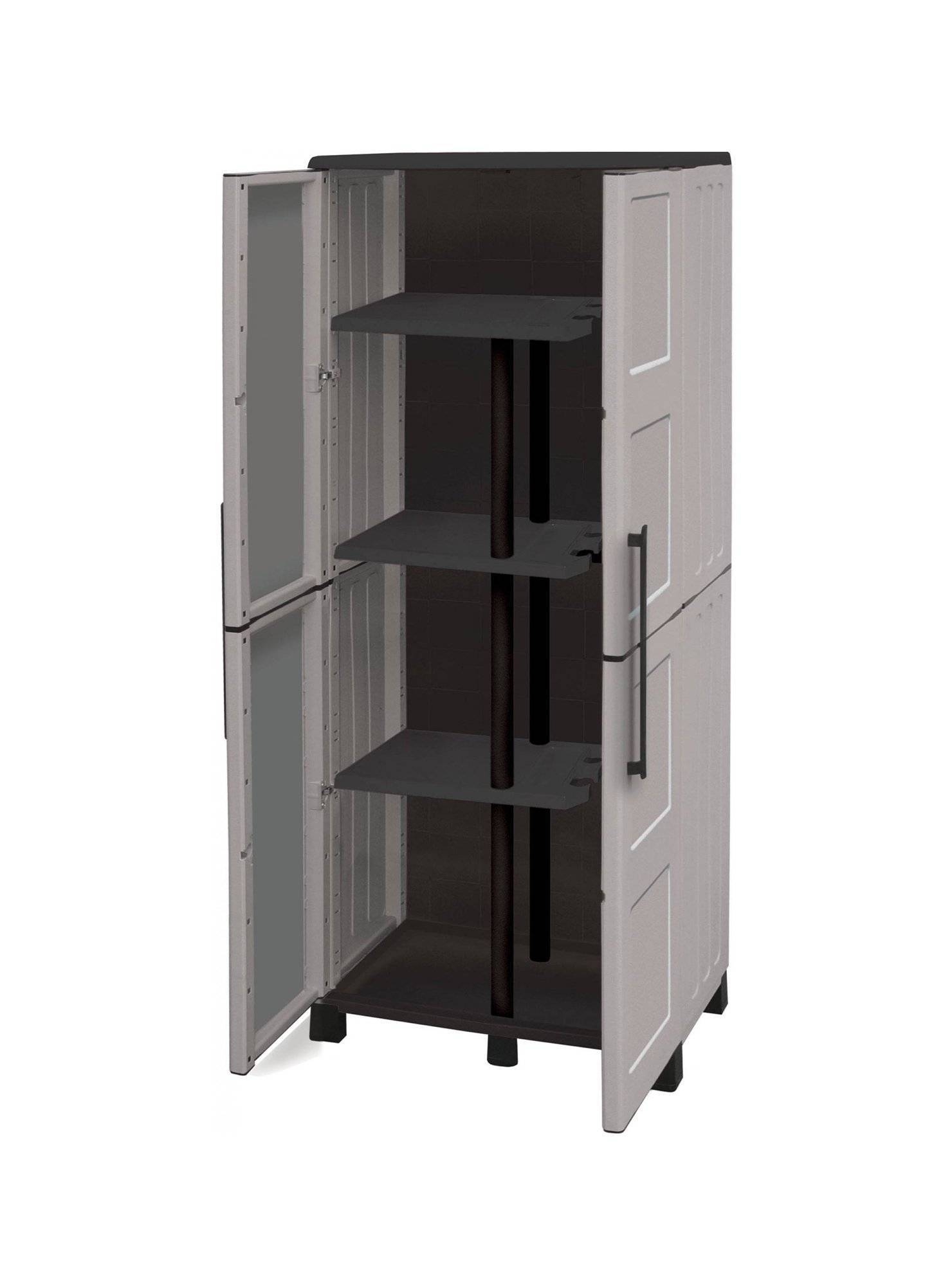 Dmora - Armoire d'extérieur Veurne, Armoire à balais, Armoire d'extérieur 2 portes, 68x37h169 cm, Gris clair et noir, Finition damier - Dmora - Imagen 5