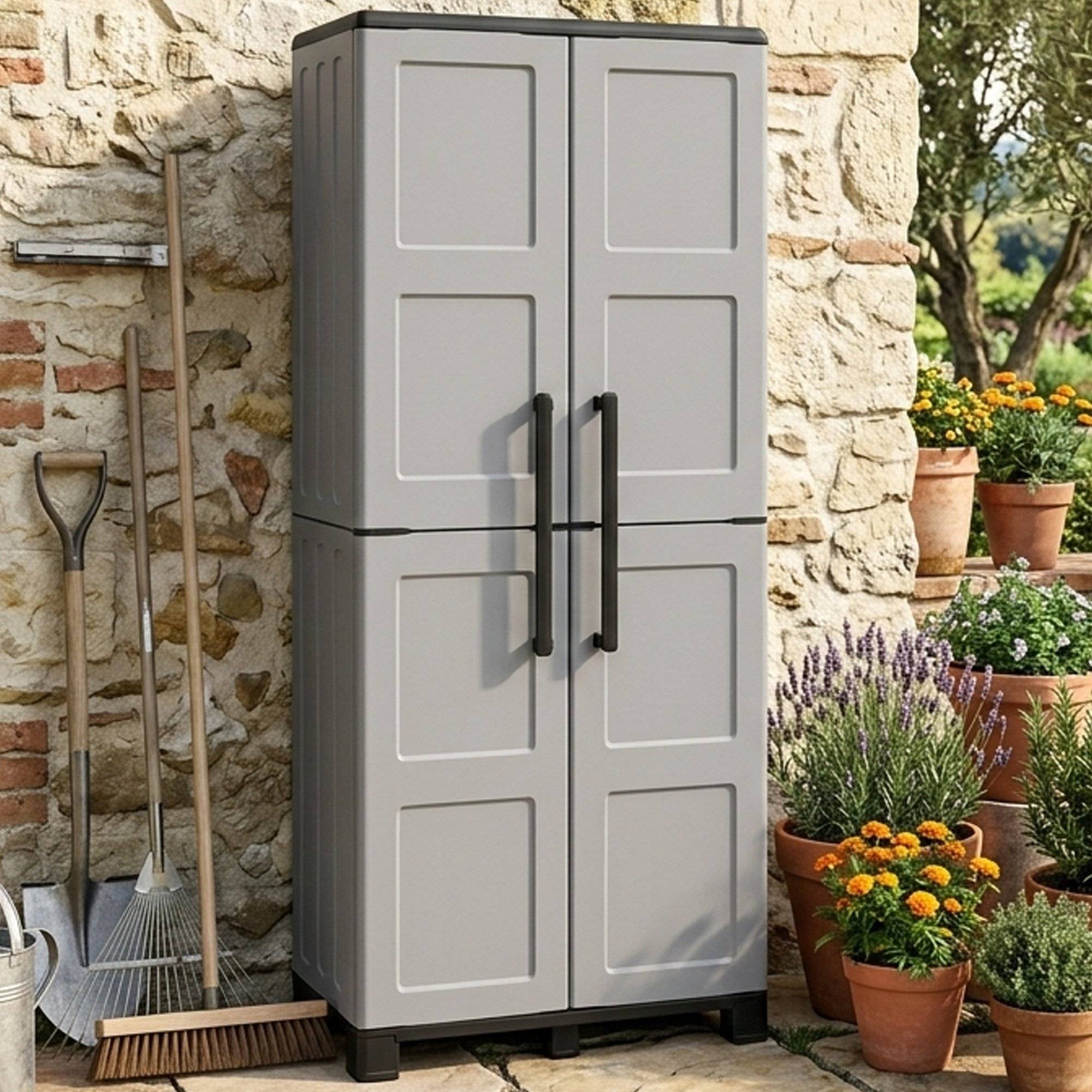 Dmora - Armoire d'extérieur Veurne, Armoire à balais, Armoire d'extérieur 2 portes, 68x37h169 cm, Gris clair et noir, Finition damier - Dmora - Imagen 2