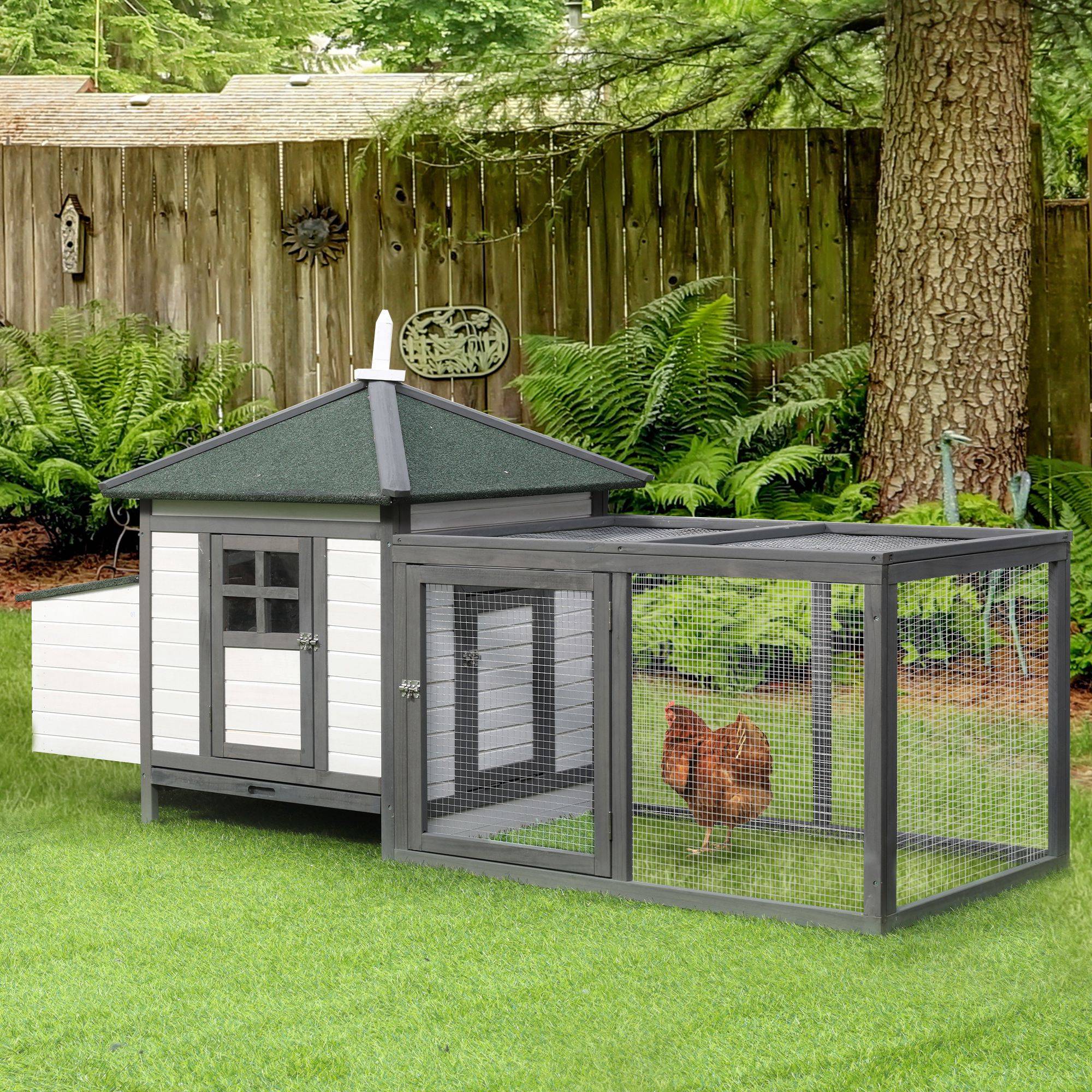 Poulailler Cottage Bois Pin Extérieur Pondoir Enclos 196x76cm Gris Blanc - ComfortXL Outdoor Living - Image 4