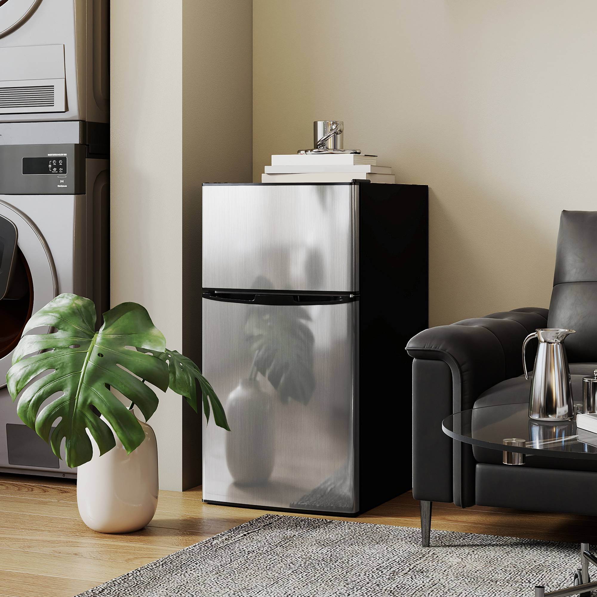 Réfrigérateur congélateur combiné 88L, porte réversible éclairage, 45,5x50x86,5cm, noir - Image 4