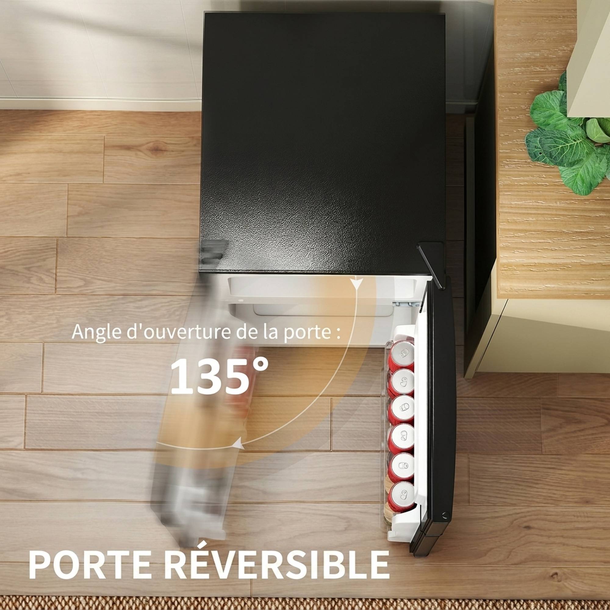 Réfrigérateur congélateur combiné 88L, porte réversible éclairage, 45,5x50x86,5cm, noir - Image 8